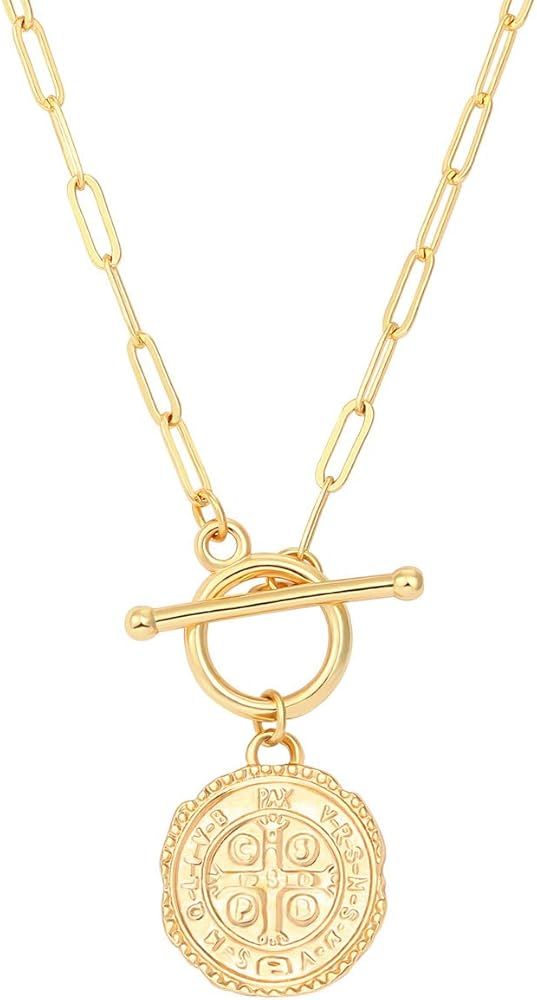 SOFYBJA Saint Benedict Necklace Drop 18K Gold Toggle Medallion Coin Cross Pendant Necklaces Relig... | Amazon (US)