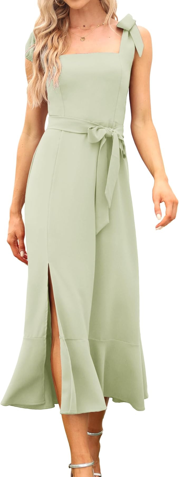 Women's Elegant Bridesmaid Dresses Square Neck Ruffle Split Midi Formal Dress for Wedding Guest C... | Amazon (US)