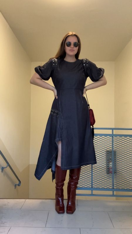 Bibhu Mohapatra Collective Puff Sleeve denim Midi Dress, rent the runway, clothing rentals, fall / winter, anthropologie, red Sam Edelman Isabel Boots, fall / winter, work outfit, wear to the office, gold jewelry from Amazon (hoop earrings, rings), rayban round sunglasses, SAINT LAURENT Suede Medium Monogram Fetish Satchel red/burgundy + Black

#LTKstyletip #LTKfindsunder50 #LTKfindsunder100