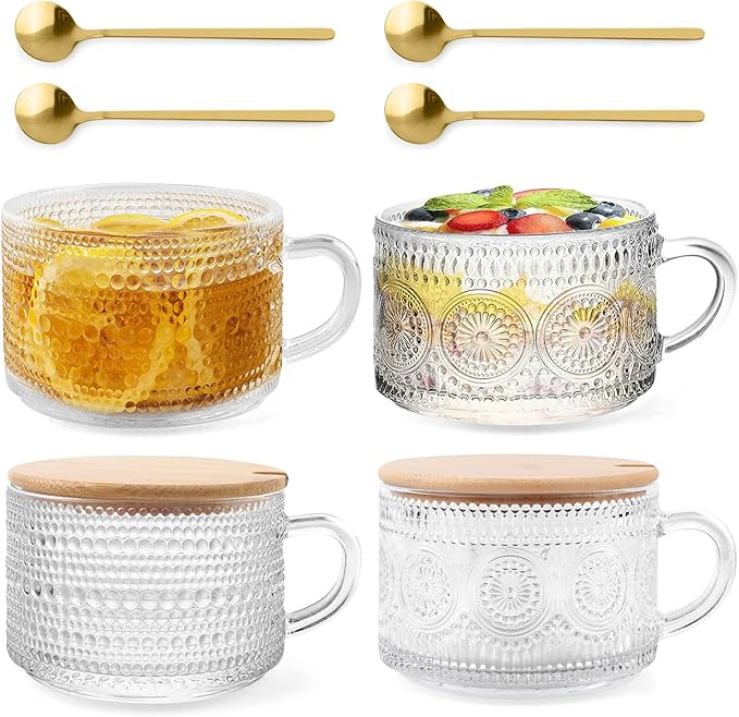 Vintage Glass Coffee Mugs 4 Set, 14oz Overnight Oats Containers with Bamboo Lids and spoon, Glass... | Amazon (US)