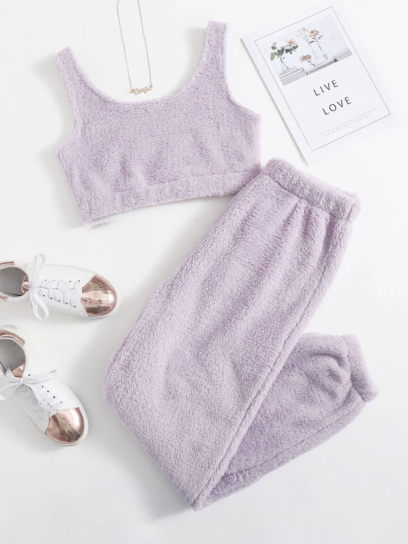 Solid Plush Tank Lounge Set | SHEIN