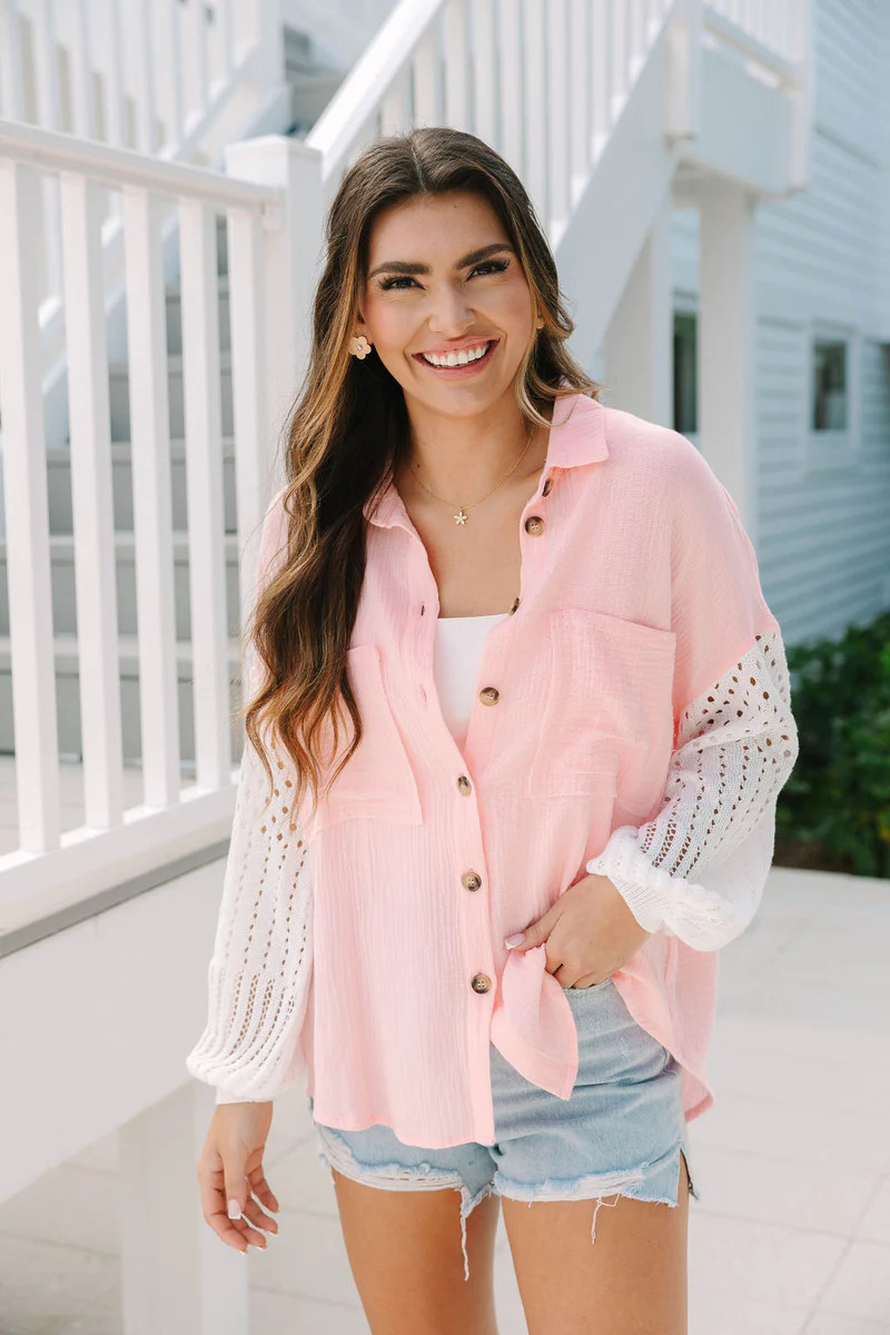 Keep Shining Pink and Cream Color Block Crochet Sleeve Gauze Shacket | Pink Lily