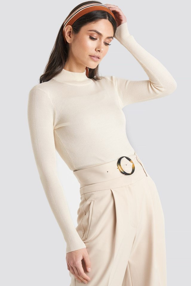 Ribbed Polo Knitted Sweater Blanc | NA-KD FR