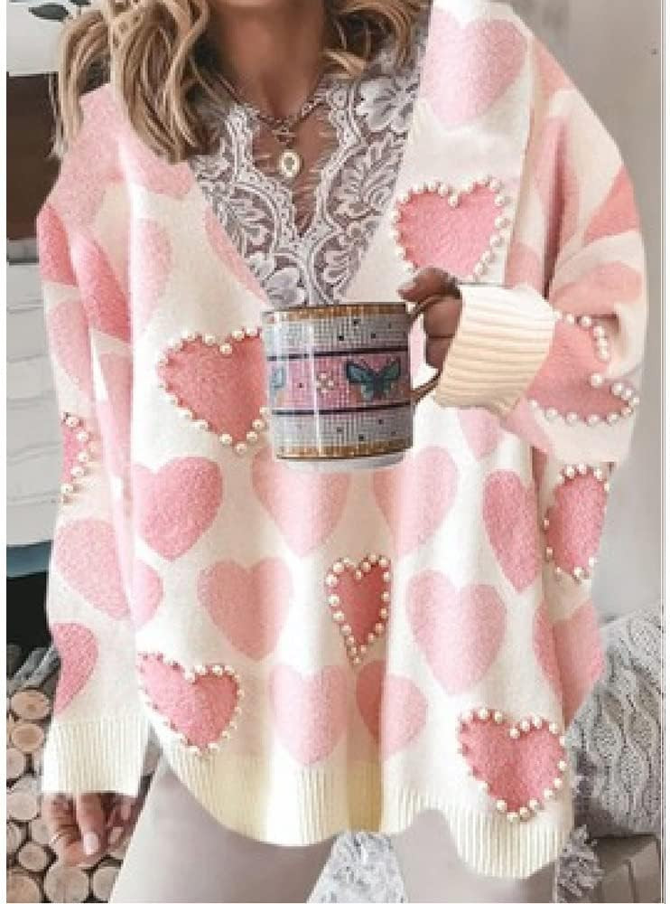 Women's Oversized Pullover Heart Sweater with Pearls, Lace V Neck Long Sleeve Trendy Aesthetic Knit  | Amazon (US)