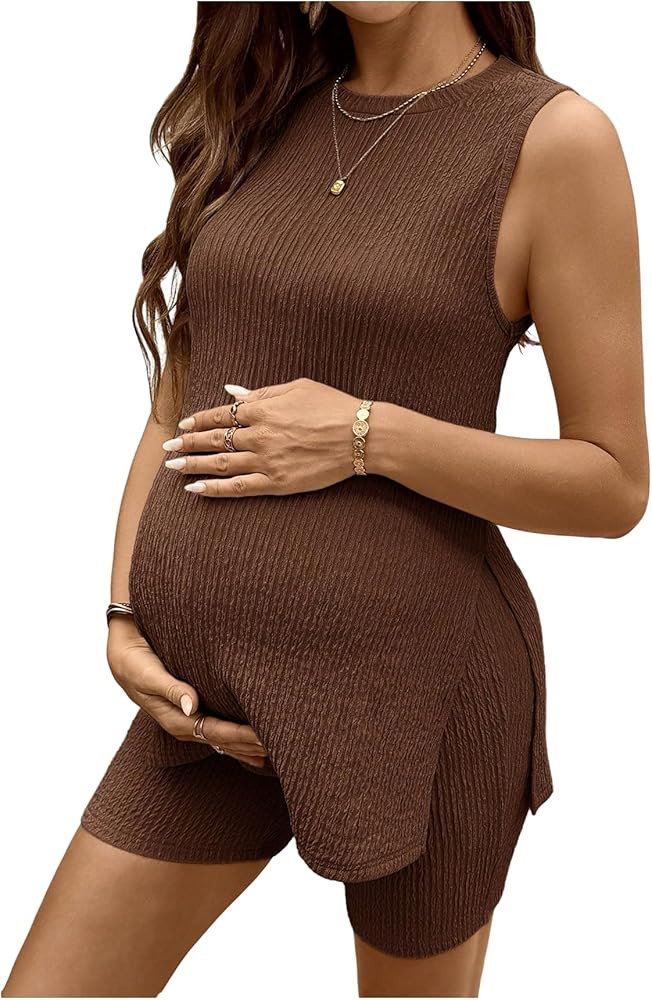 MakeMeChic Women's Maternity Pajamas Sets Lounge Knit Tank Tops Biker Leggings Shorts Summer Clot... | Amazon (US)
