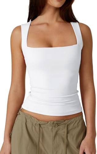QINSEN Women's Square Neck Sleeveless Double-Layer Tank Tops Basic Tight T Shirts | Amazon (US)