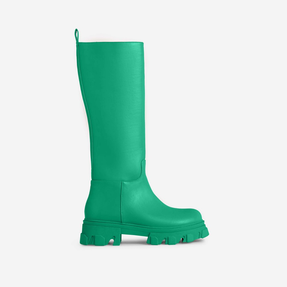 Wild-Voice Chunky Sole Calf Long Biker Boot In Green Faux Leather | EGO Shoes (US & Canada)
