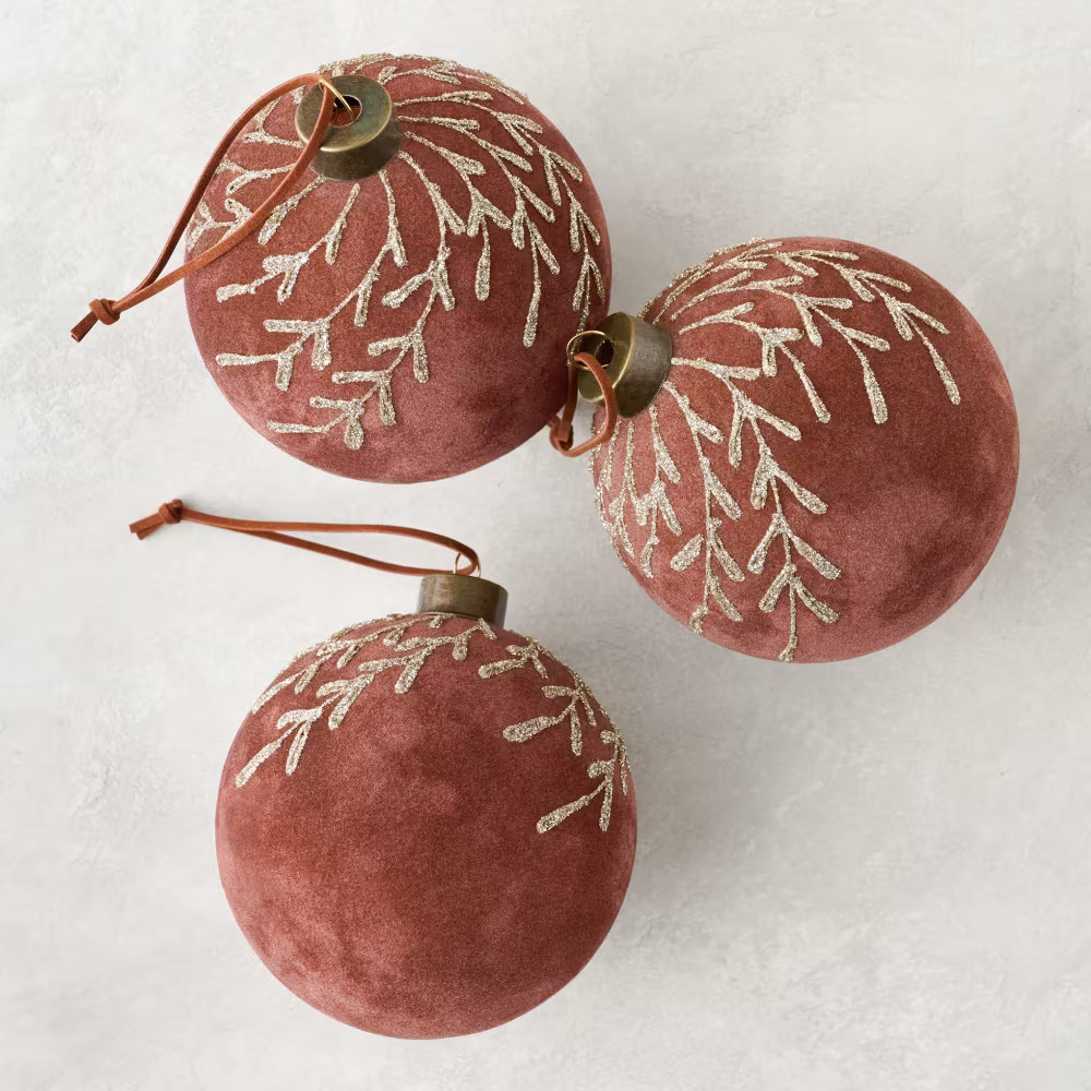 Flocked Floral Glitter Ornament, Set of 3 | Magnolia