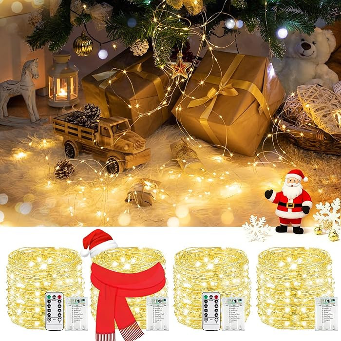 4Pack 80FT 240LED Christmas Fairy Lights Battery Operated with Remote & Timer | 8 Modes Twinkle S... | Amazon (US)