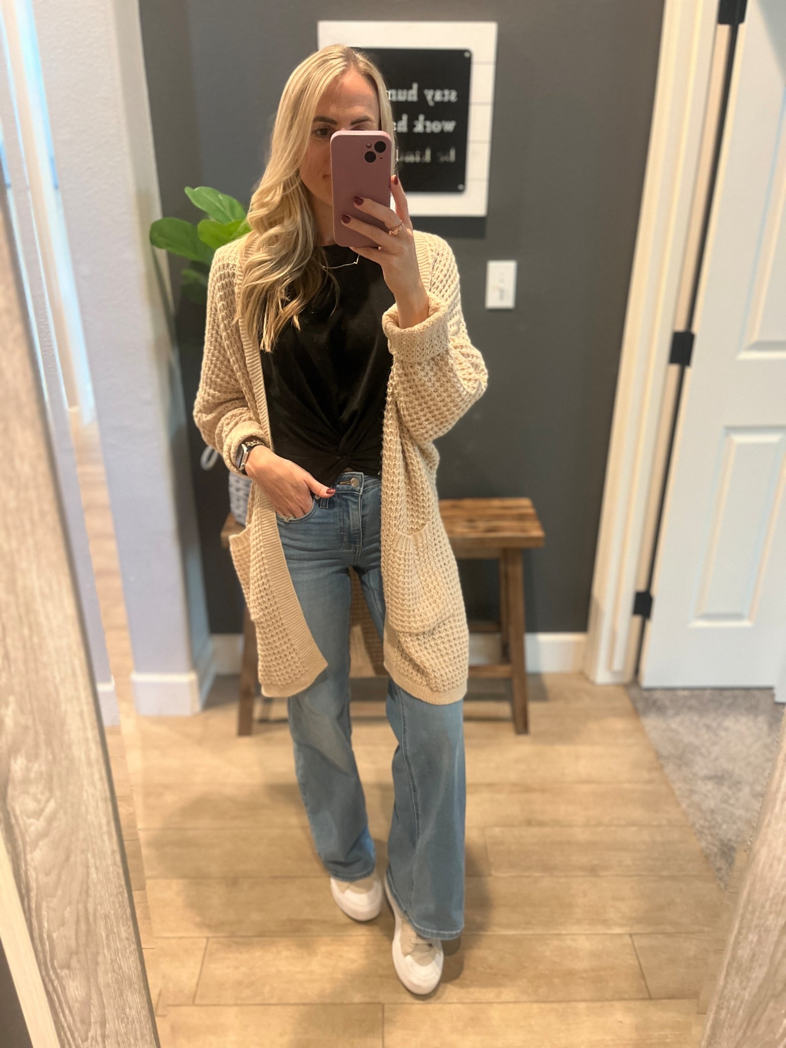 Casual outfit, wide leg jeans, cardigan, mom style 

#LTKPetite