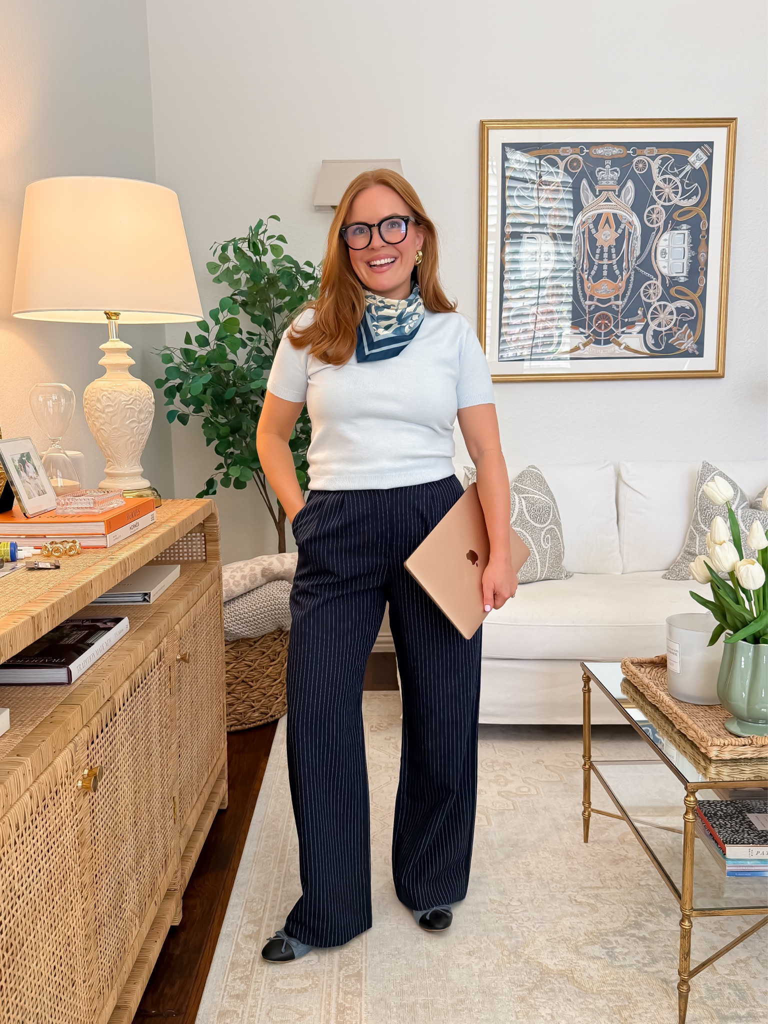This is one of my favorite “comfortable but still professional” WFH looks lately 🙌🏼

The knit top + @abercrombie  pinstripe trousers feel so much more polished than loungewear, but are still comfortable enough to sit at a desk all day. Perfect for Zoom meetings, coffee runs, or heading straight to school pick up after work 🤍

A simple grab-and-go outfit formula that always works.

Everything is linked in this LTK pos