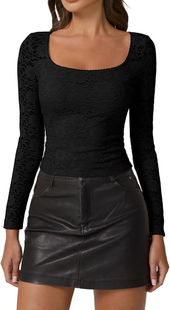 QINSEN Chic Floral Lace Crop Tops for Women Slimming Fit Long Sleeve Square Neck Going Out Basic ... | Amazon (US)