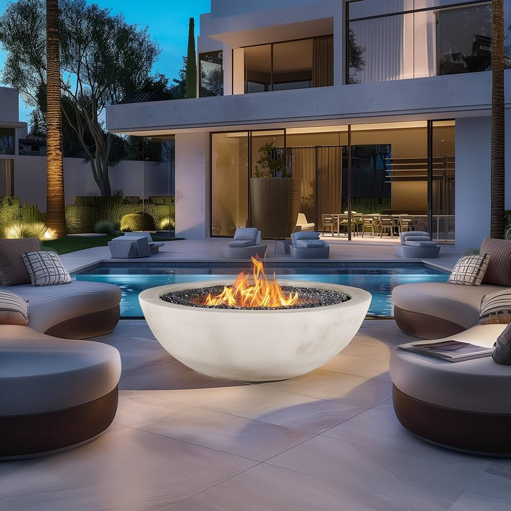 2-Piece Outdoor Propane Fire Pit Table Set w/Tank Cover Table, 25-inch Bowl Concrete Firepit, 50,... | Amazon (US)