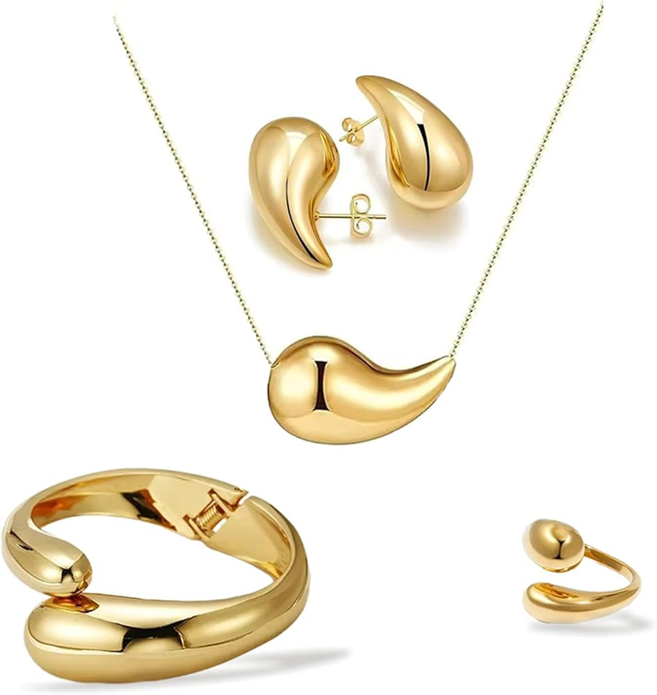 Gold-Plated Teardrop Jewelry Set, Necklace, Earrings, Ring, Bangle Bracelet, Chunky Twisted Hinge... | Amazon (US)
