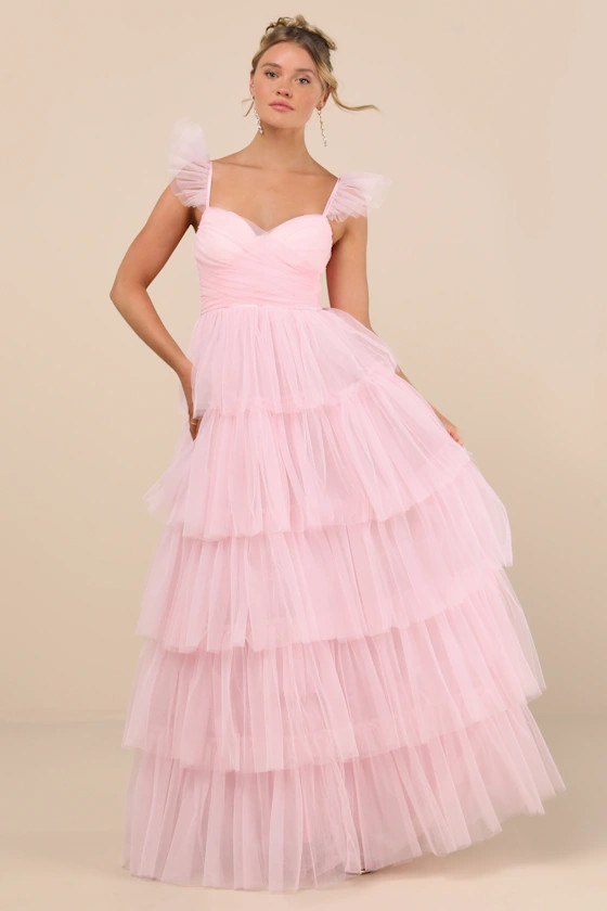 Fabulous Poise Light Pink Tulle Ruffled Tiered Maxi Dress | Lulus