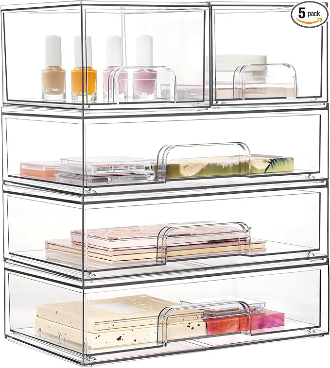 Vtopmart Stackable Storage Drawers Set of 5,Clear Plastic Organizer Bins for Makeup, Cosmetics, B... | Amazon (US)