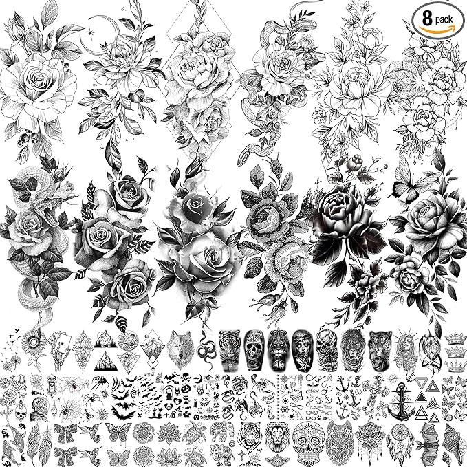 65 Sheets Black Realistic Flower Temporary Tattoos For Women Arm Thigh, 3D Fake Tattoos That Look... | Amazon (US)