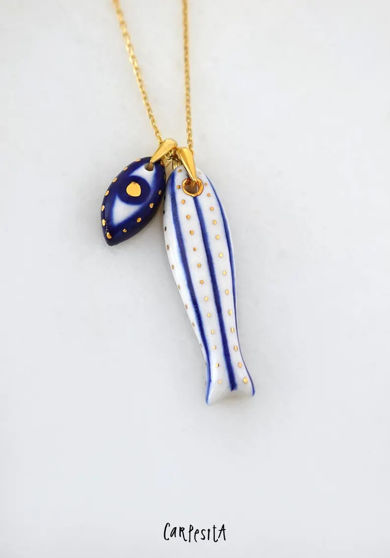 Porcelain Sardine Necklace, Mini Evil Eye, Nautical Jewelry - Etsy | Etsy (Global)