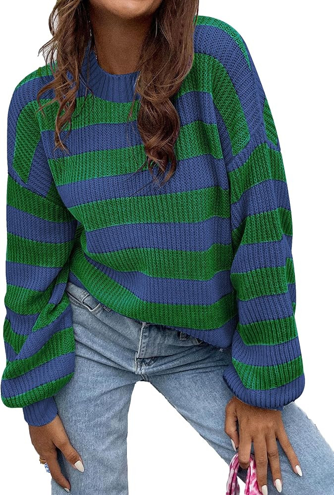 Women's Striped Pullover Tops 2024 Fall Clothes Long Lantern Sleeve Crew Neck Y2K Sweatshirts | Amazon (US)