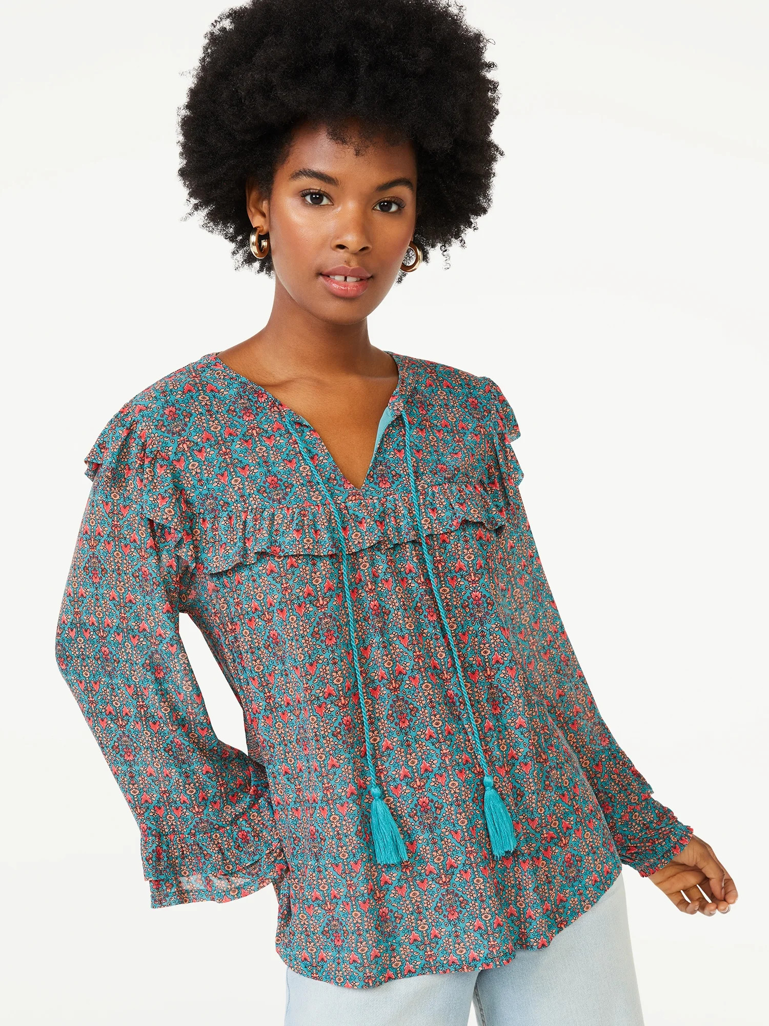 Scoop Women's Ruffled Oversized Top with Long Sleeves - Walmart.com | Walmart (US)