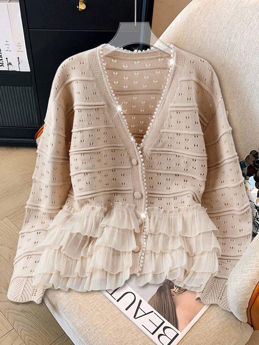 Regalyn Pearl V-Neck + Organza Patchwork, Khaki Knitted Cardigan Gorgeous | SHEIN