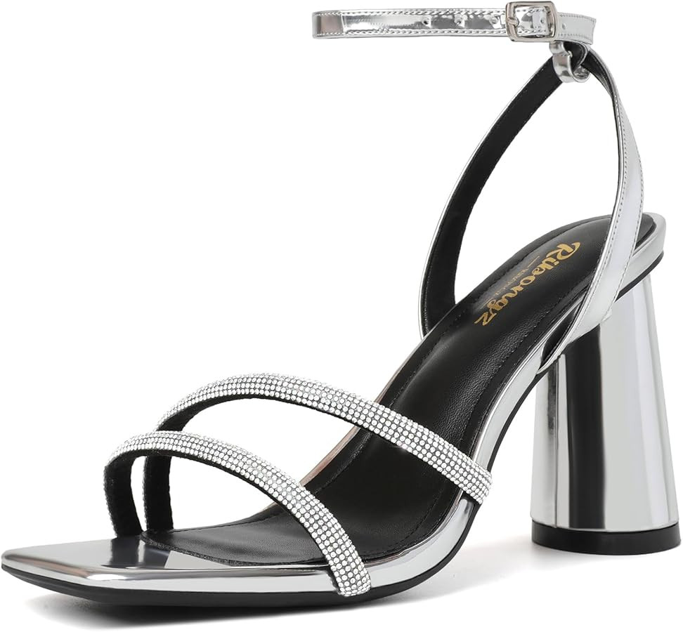 RIBONGZ Block Heels Prom Heeled Sandals for Women Chunky Square Open Toe Strappy High Heels Ankle... | Amazon (US)