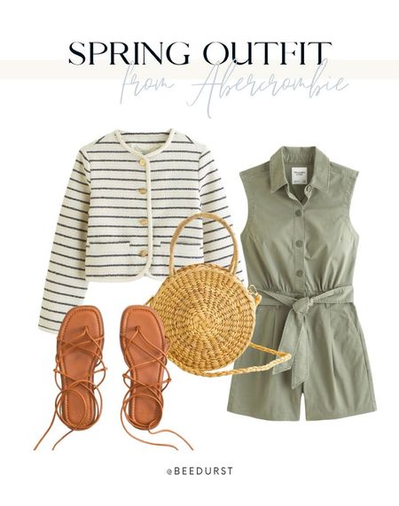 Spring outfit from Abercrombie, green romper, spring fashion, spring romper, Easter sandals, spring sandals, spring shoes, straw crossbody bag, straw bag, tweed jacket, spring purse, spring bag, spring fashion, resort wear, vacation outfit, date night outfits

#LTKstyletip #LTKSeasonal #LTKsalealert