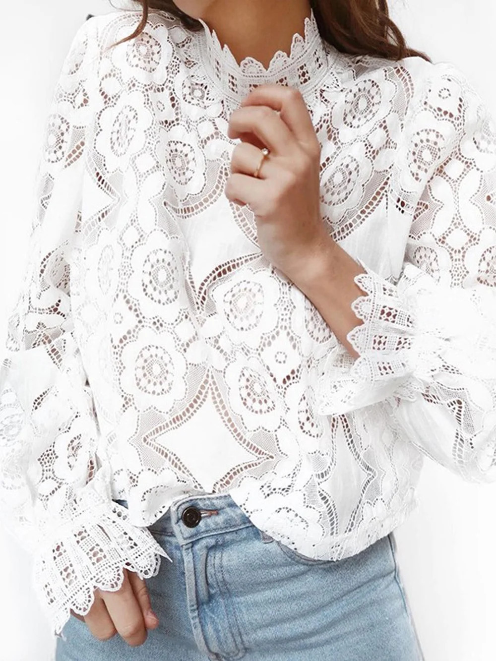 Women Crewneck Lace Hollow Out Long Sleeve T Shirt Top Slim Solid Blouse Tee Shirts - Walmart.com | Walmart (US)