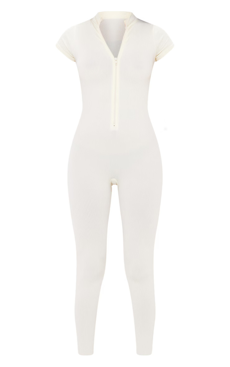 Tall Off White Structured Snatched Rib Short Sleeve Jumpsuit | PrettyLittleThing US