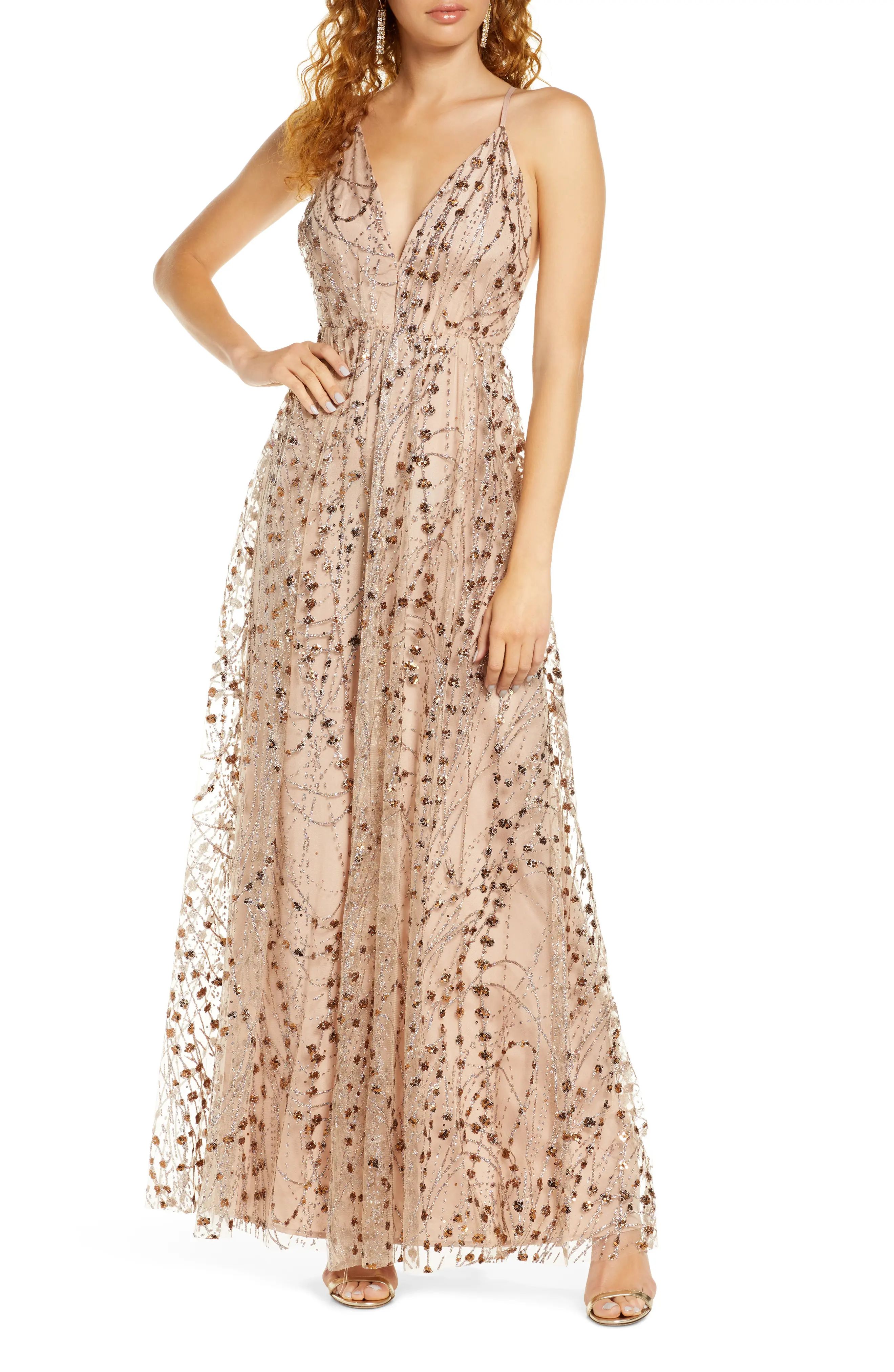 Women's Lulus Embellished Mesh Open Back Gown, Size X-Small - Beige | Nordstrom