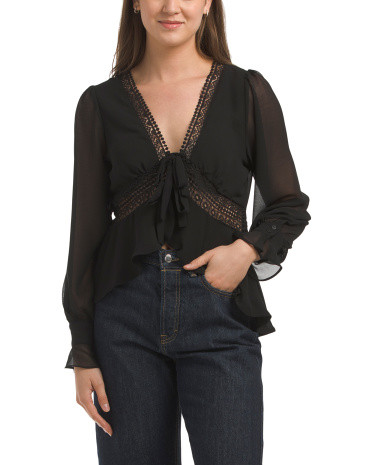 Solid Pebble Chiffon Blouse With Lace Trim | TJ Maxx