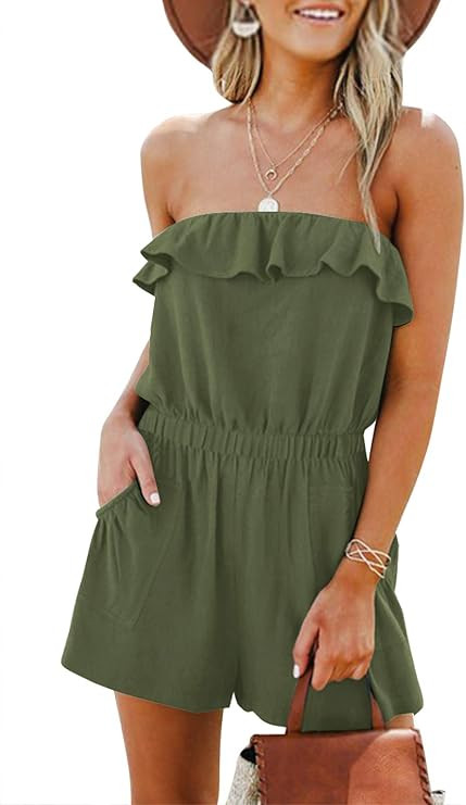 LEANI Women’s Summer Off Shoulder Ruffle Rompers Strapless Elastic Waist Short Jumpsuit with Po... | Amazon (US)