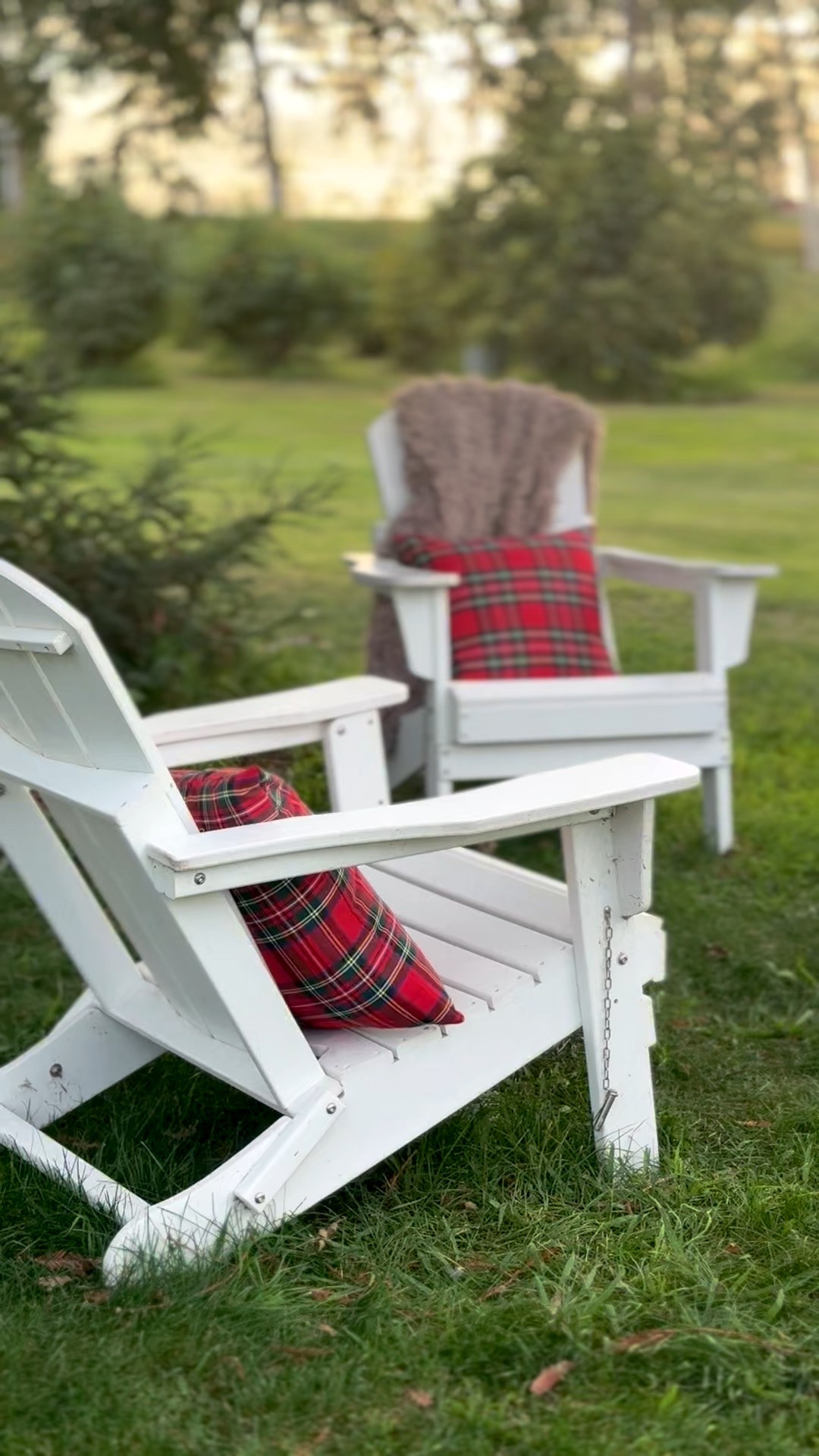 My white Adirondack chairs and fire pit are perfect for the holidays! The chairs look great adorned with red plaid throw pillows and faux fur throws! @wayfair has everything you need to decorate for the holidays and entertain friends and family! #wayfair #wayfairpartner #ad 

#LTKHome #LTKHoliday #LTKSaleAlert