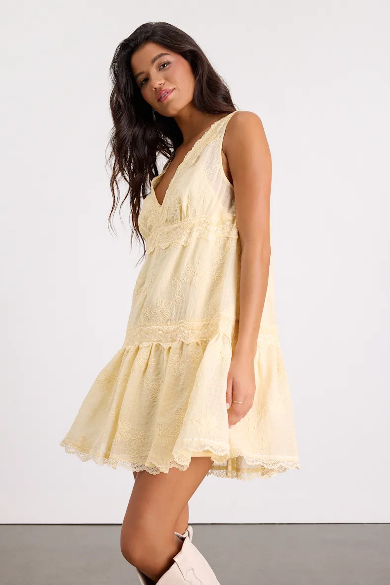 Romy Light Yellow Lace Tiered Shift Mini Dress | Lulus