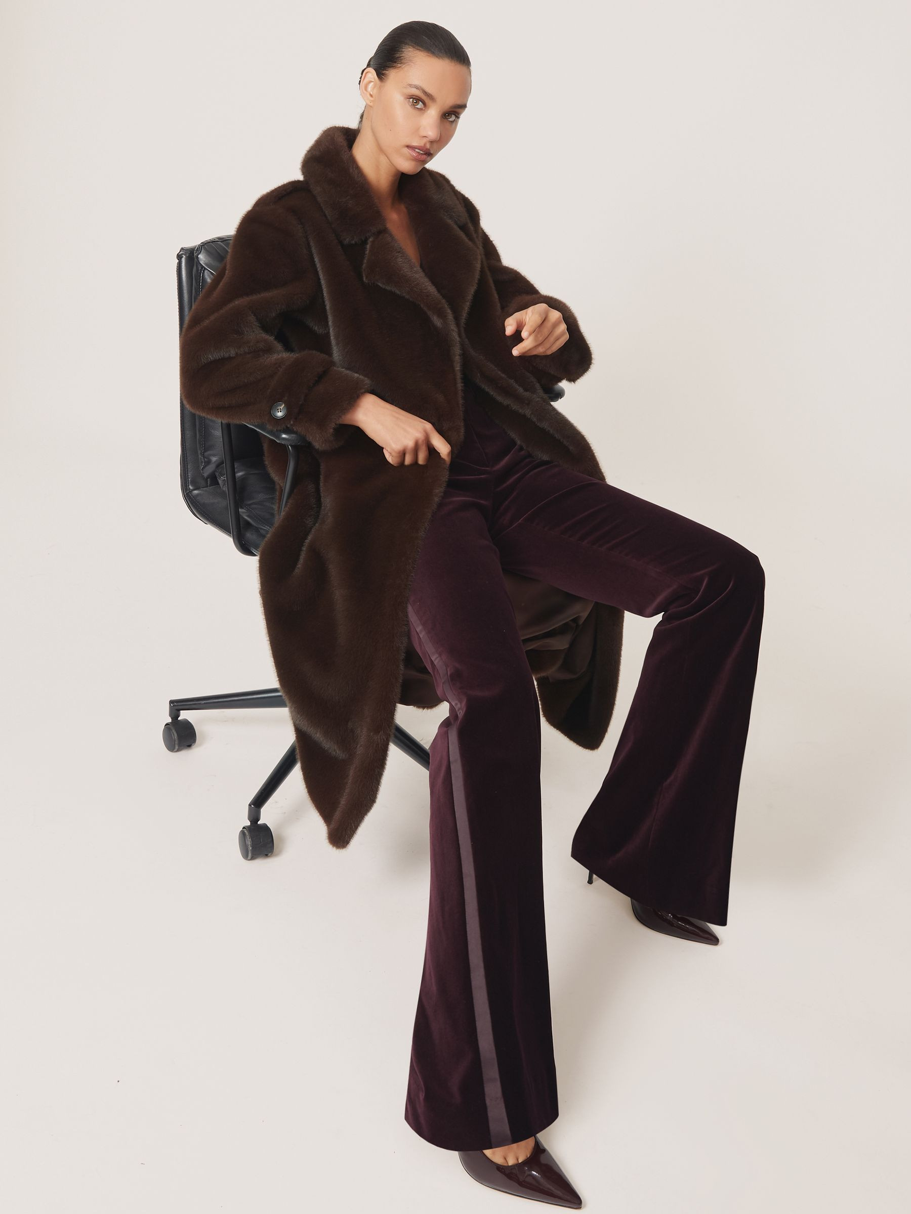 Faux-Fur Long Belted Coat in Chocolate Brown | Reiss UK
