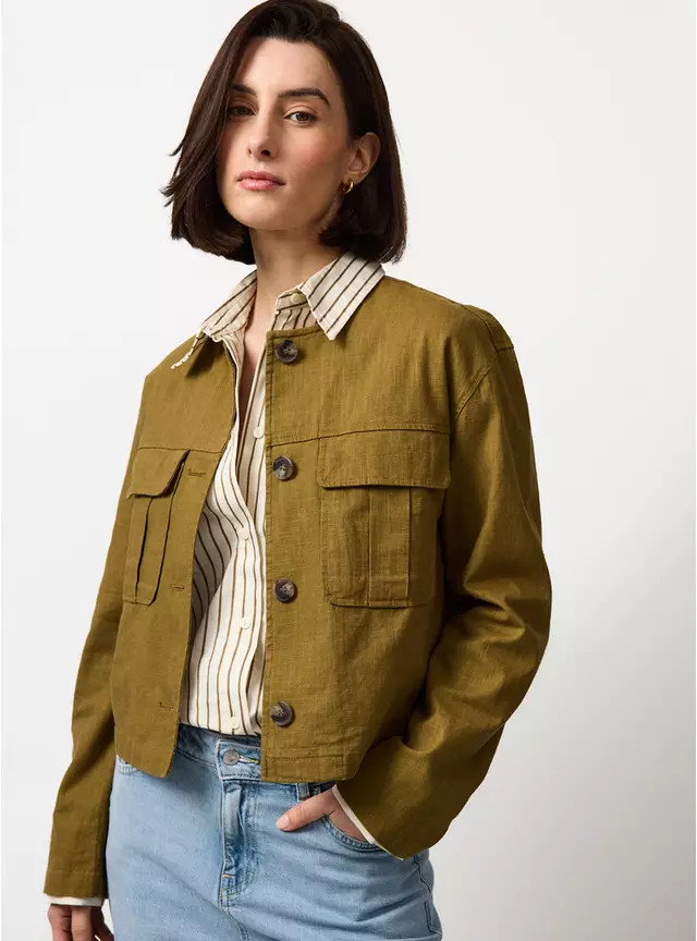 Buy Khaki Cropped Linen Blend Shacket 22 | Coats | Tu | Tu Clothing