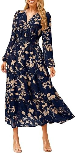 Simplee Women's Floral Boho Long Sleeve Maxi Dress V Neck Empire Waist Swing Flowy Wedding Guest ... | Amazon (US)