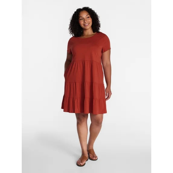 Time and Tru Women's and Women's Plus Size Tiered Cotton Dress with Short Sleeves, Sizes XS-4X | Walmart (US)