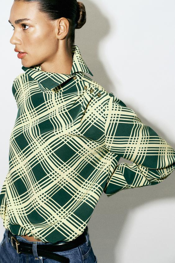 PLAID SHOULDER BUTTON BLOUSE | Zara US
