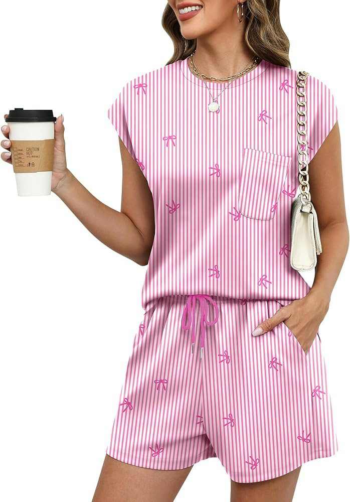 LOMON Two Piece Shorts Sets for Women Vacation Trendy Lounge Sets Crew Neck Matching Sets Cap Sle... | Amazon (US)