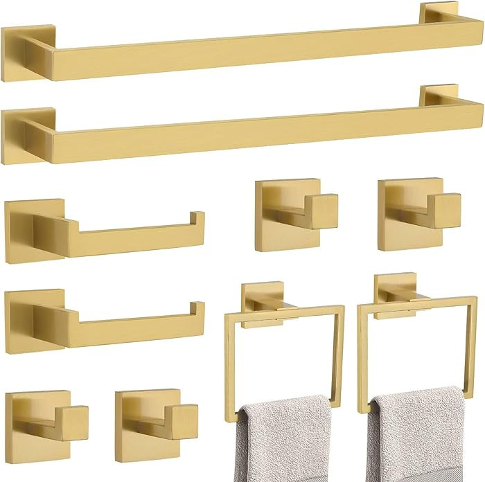 10-Piece Bathroom Hardware Accessories Set-Brushed Gold Towel Bar, Holder & Racks-SUS304 Stainles... | Amazon (US)