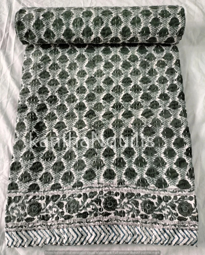 Kantha Quilt, Hand Block Printed Cotton Quilt, Floral Print Quilt, Handmade Quilt, Blanket Throw,... | Etsy (US)