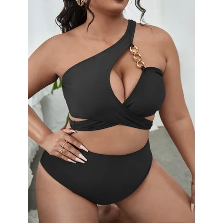Women s Plus Chain Linked Crisscross One Shoulder Bikini Swimsuit 2022 0XL(12) Black Elegant F062D | Walmart (US)