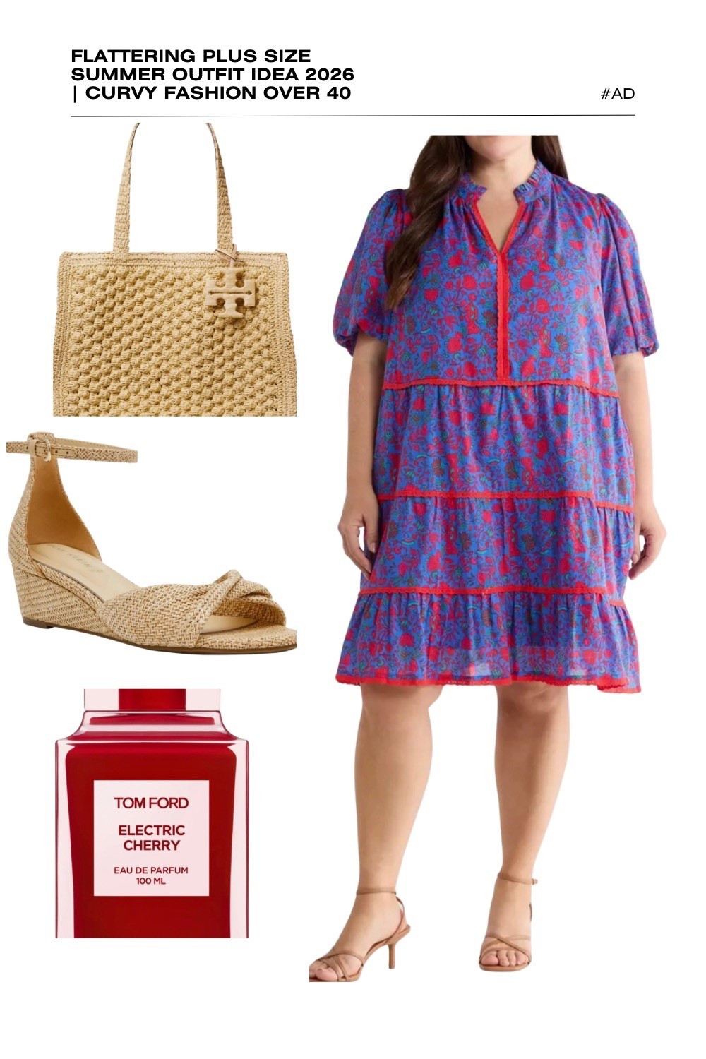 Looking for a bright and flattering plus size summer outfit for 2026? This blue and red floral tiered mini dress is a top-rated choice for curvy fashion over 40. Featuring a ruffled split-neckline and a playful tiered skirt, this dress offers a breezy, waist-skimming silhouette that’s perfect for a summer garden party, beach vacation, or casual brunch.
We’ve styled this vibrant botanical dress with a Tory Burch straw tote bag for a touch of luxury texture and paired it with neutral raffia wedge sandals to ground the bold print. To complete the high-energy vibe, we’ve added the bold, tart notes of Tom Ford Electric Cherry. Discover how to style bright summer florals for an effortlessly chic look. #PlusSizeFashion #FloralMiniDress #SummerOutfits2026 #CurvyStyle #TomFordElectricCherry #ToryBurchBag #GardenPartyStyle