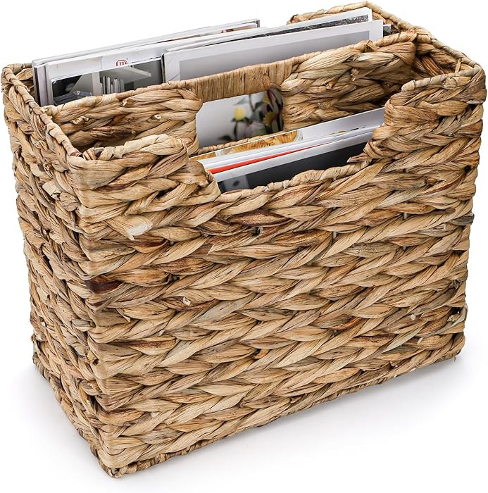 Yesland Hand-Woven Magazine Basket, Natural Narrow Water Hyacinth Holder Magazine Wicker Basket O... | Amazon (US)