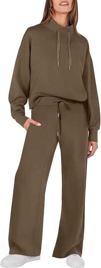 ANRABESS Womens 2 Piece Outfits Sweatsuit Set 2023 Fall Drawstring Sweatshirt Wide Leg Sweatpant ... | Amazon (US)