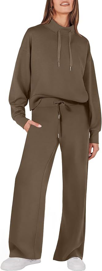 ANRABESS Womens 2 Piece Outfits Sweatsuit Set 2023 Fall Drawstring Sweatshirt Wide Leg Sweatpant ... | Amazon (US)