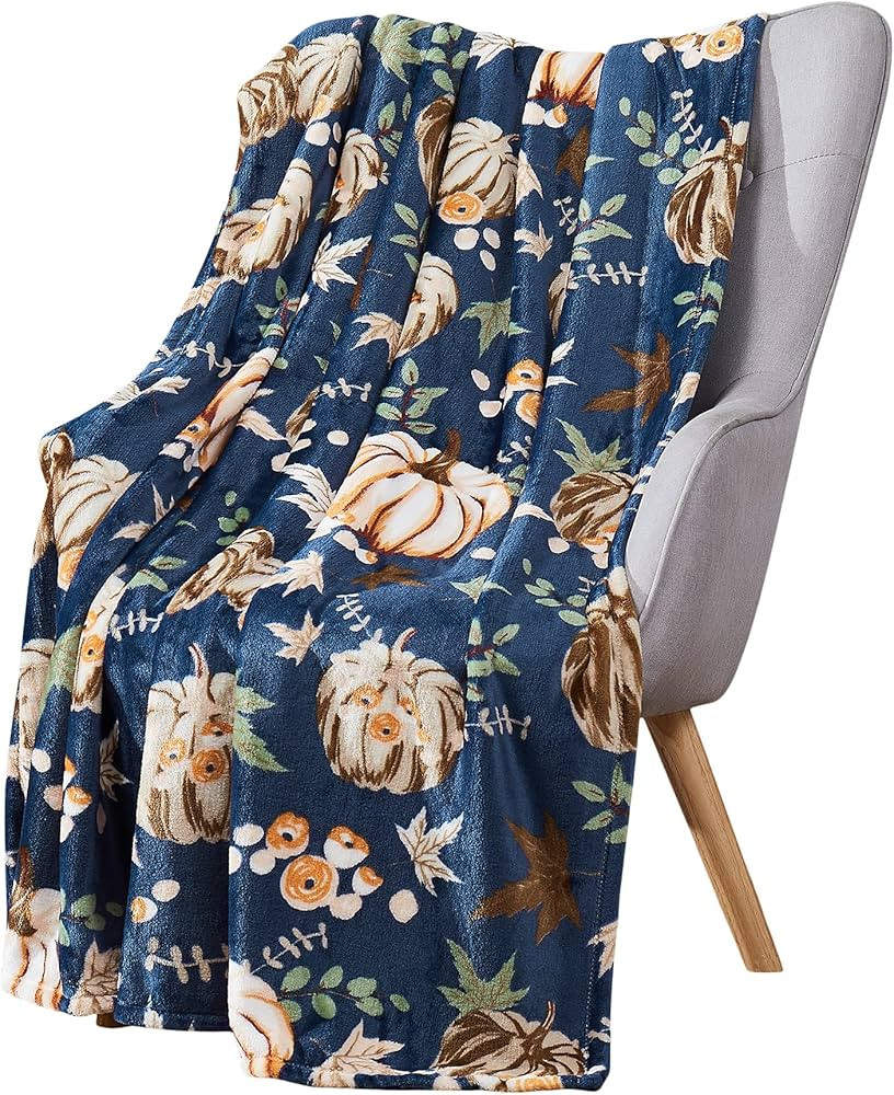 Fall Pumpkin Throw Blanket: Soft Orange White Pumpkins Leaves and Berries on Blue Background for ... | Amazon (US)