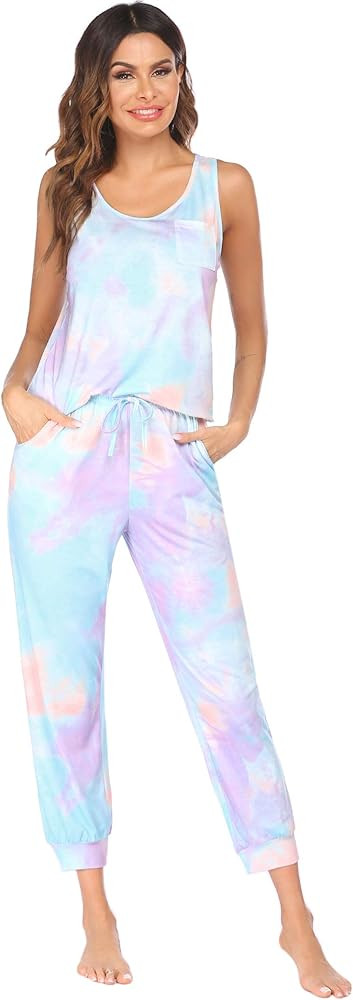Evanhome Womens Pajamas Scoop Neck Pjs Sets Short Sleeve Tops with Long Pants Tie Dye Cute Print ... | Amazon (US)