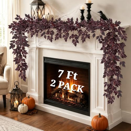 Fall Garland for Mantle, 2 Pack 7 Ft Plum Cimicifuga Seeded Leaf Garlands | Amazon (US)